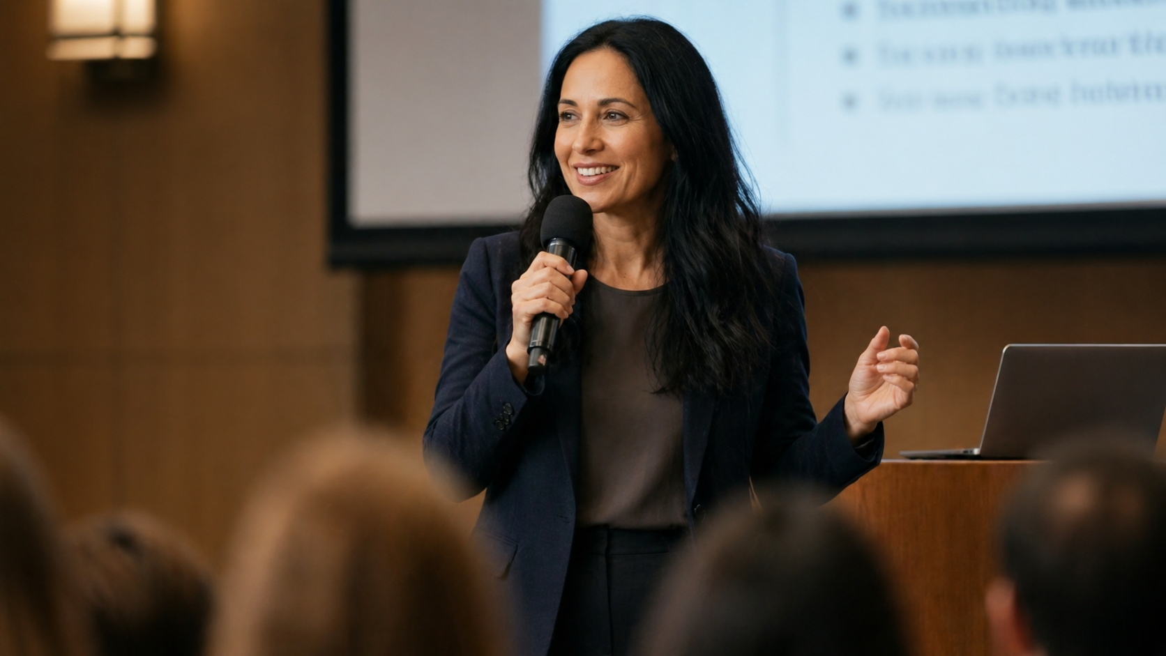 Sarah Mitchell speaking at a family finance event
